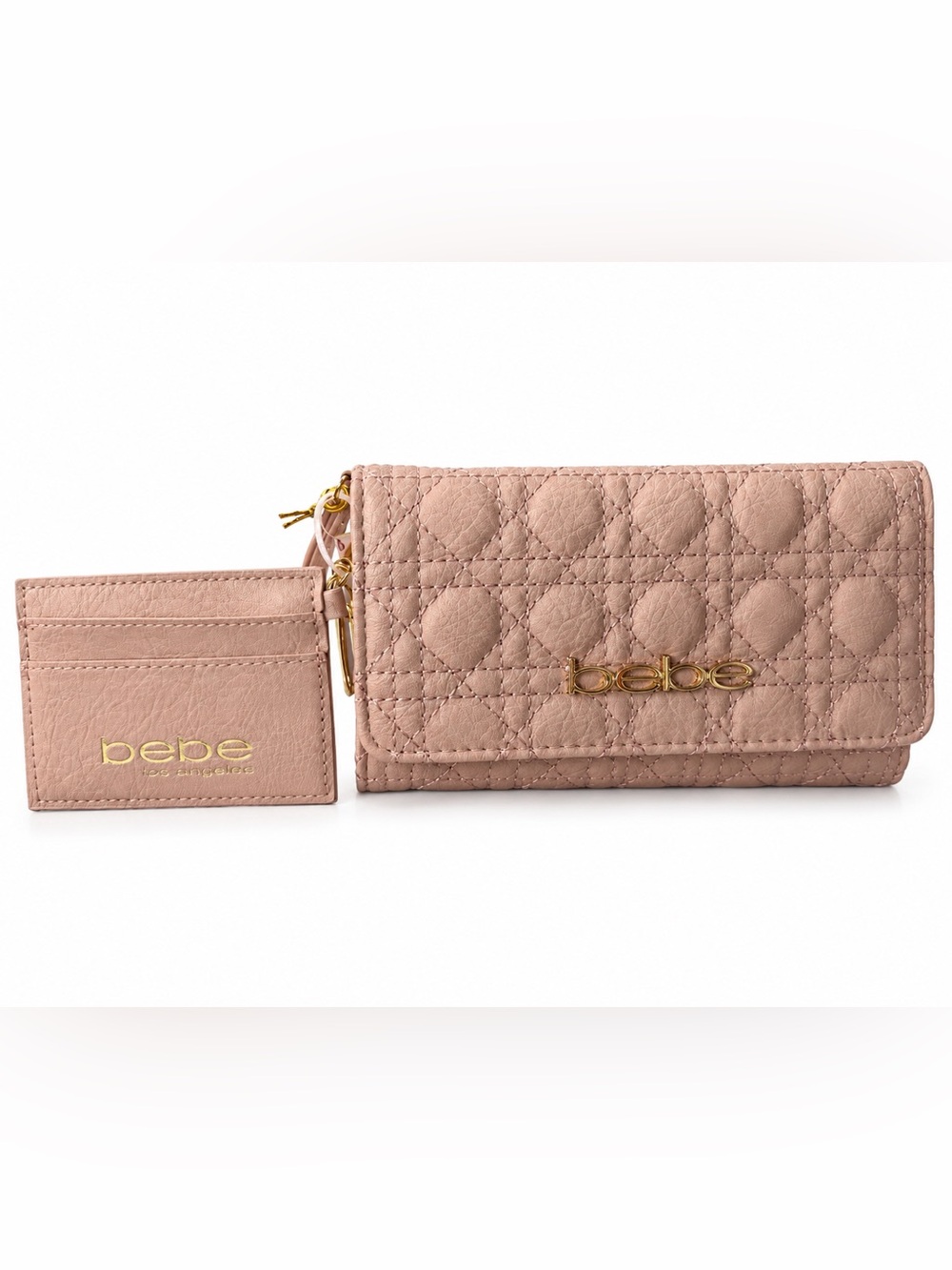 bebe Quilted Wallet Clutch in Dusty Rose with Gold Hardware